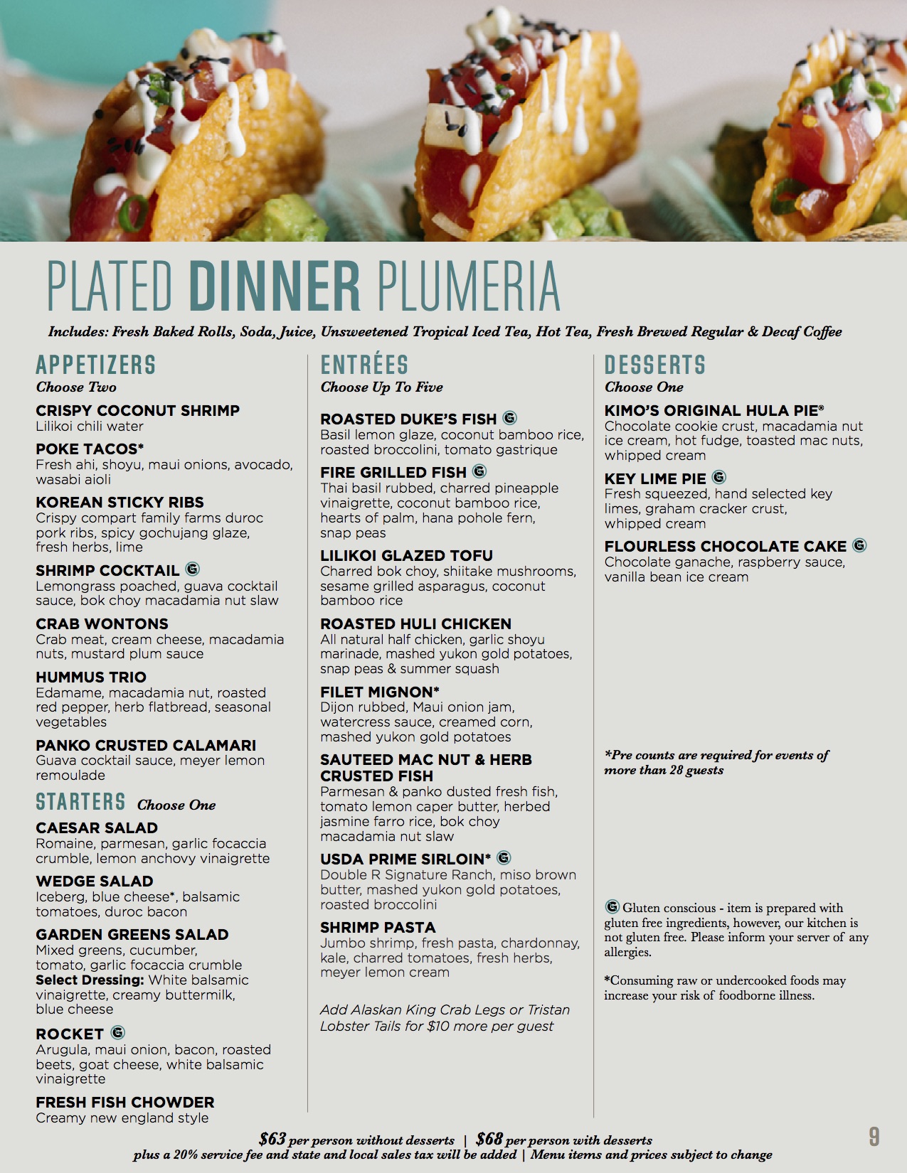 banquet menu - plate dinner plumeria
