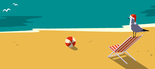 Cartoon of a sandy beach with a bird, chair, and volleyball